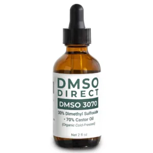 DMSO 3070 - 30% Dimethyl Sulfoxide & 70% organic cold-pressed castor oil blend in a 2 oz amber glass dropper bottle..