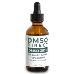 DMSO 3070 - 30% Dimethyl Sulfoxide & 70% organic cold-pressed castor oil blend in a 2 oz amber glass dropper bottle..