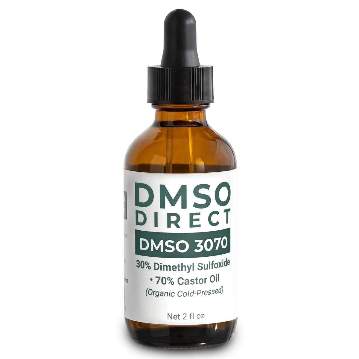 DMSO 3070 - 30% Dimethyl Sulfoxide & 70% organic cold-pressed castor oil blend in a 2 oz amber glass dropper bottle..