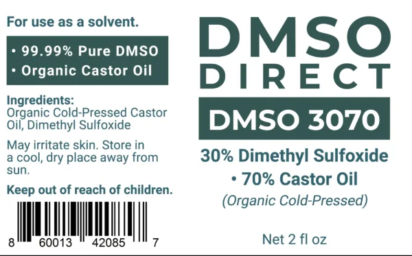 This is the DMSO Direct DMSO 3070 product label stating it contains 30% dimethyl sulfoxide and 70% organic cold-pressed castor oil and is for use as a solvent.