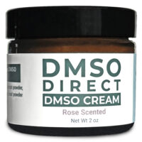 2 oz amber glass jar of rose-scented DMSO Cream, 70% Dimethyl Sulfoxide with aloe.