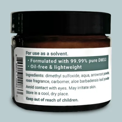 Side view DMSO Direct DMSO Cream jar with product information label.