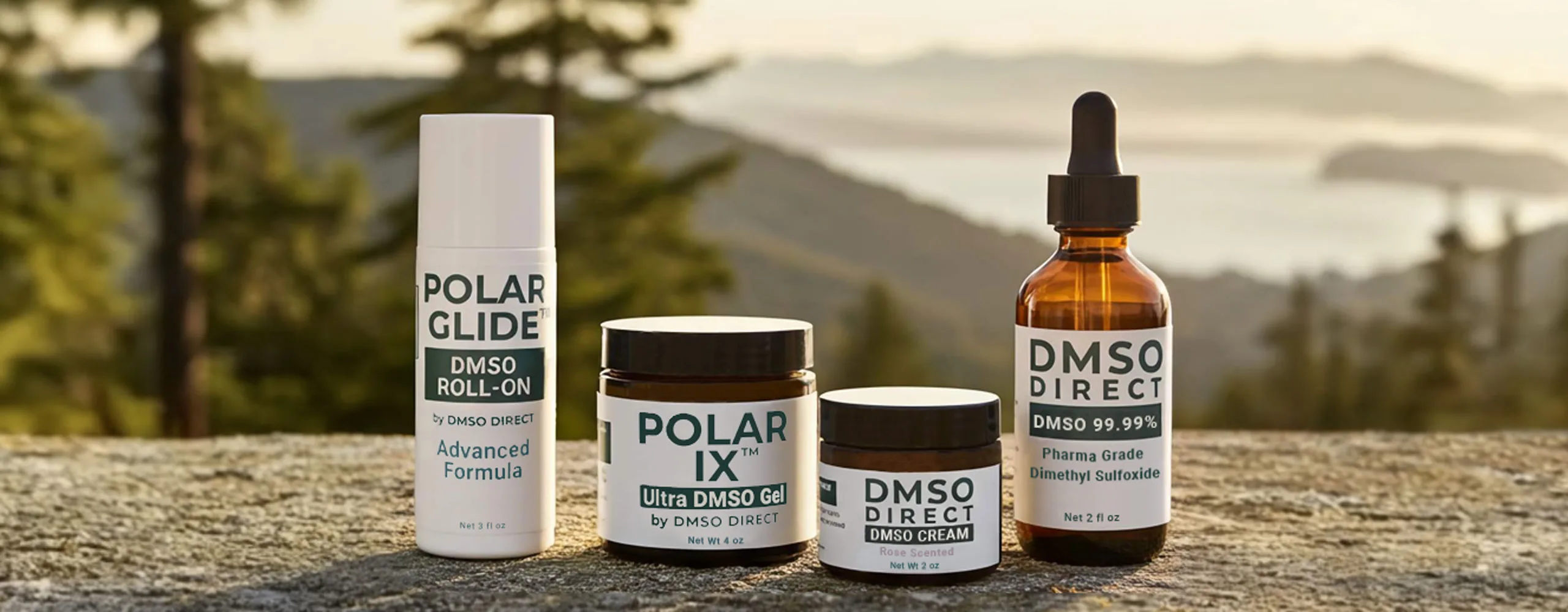 DMSO Direct product line including Polar Glide DMSO Roll-On, Polar IX Ultra DMSO Gel, rose scented DMSO Cream, and 99.99% pure liquid DMSO in amber glass dropper bottle.