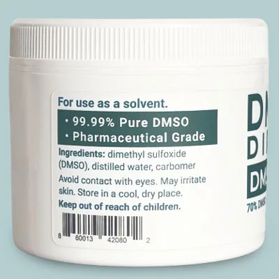 4 oz jar of DMSO Gel 70/30 with 70% 99.99% pure dimethyl sulfoxide (DMSO) with product information label.