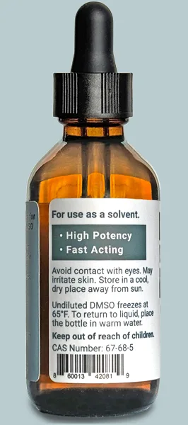 DMSO Direct 99.99% pure pharma-grade dimethyl sulfoxide 2 oz product info on back of glass dropper bottle.