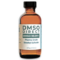 4 oz amber glass bottle of pharmaceutical-grade DMSO 99.99% pure with black resin cap.