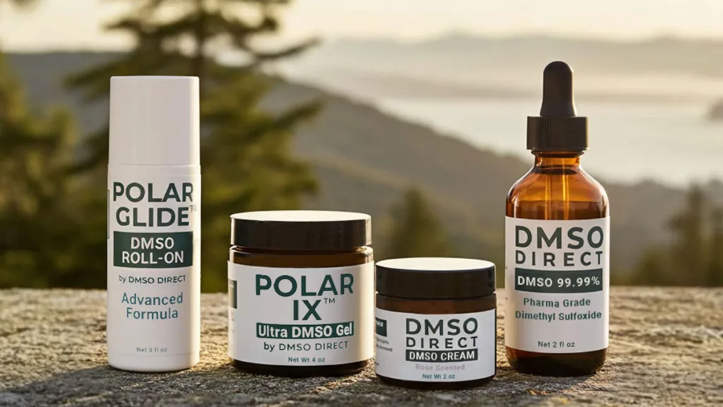 DMSO Direct liquid, cream, gel, and Polar Glide roll-on formulations displayed together.