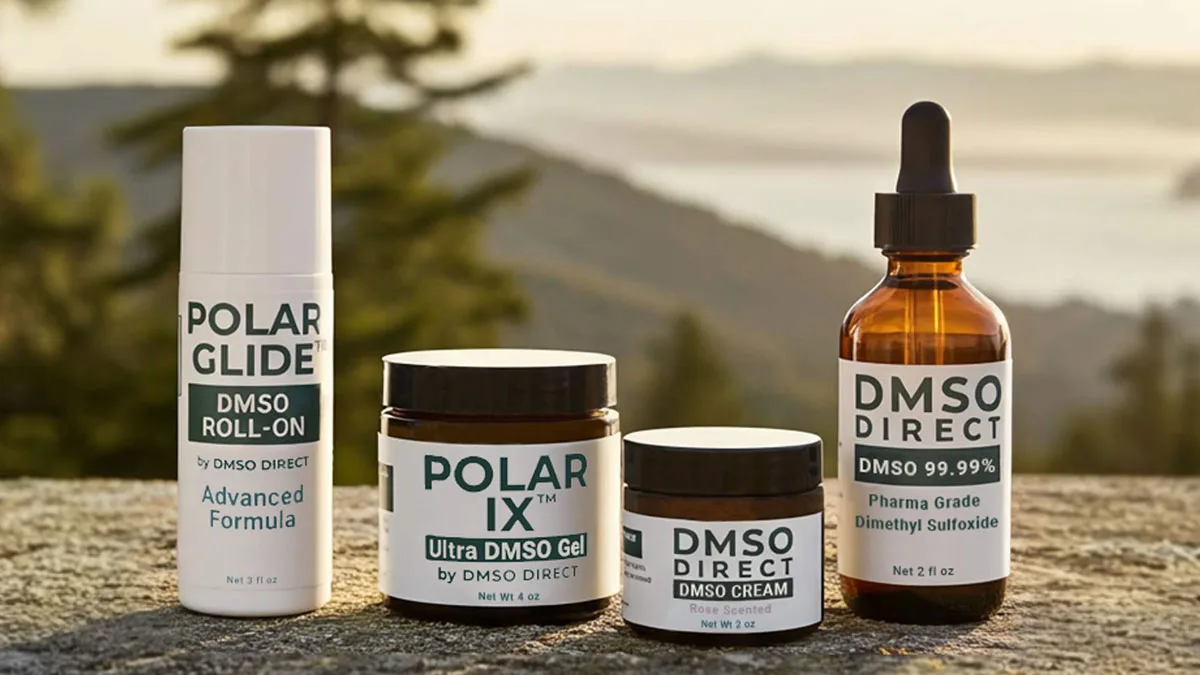 DMSO Direct liquid, cream, gel, and Polar Glide roll-on formulations displayed together.