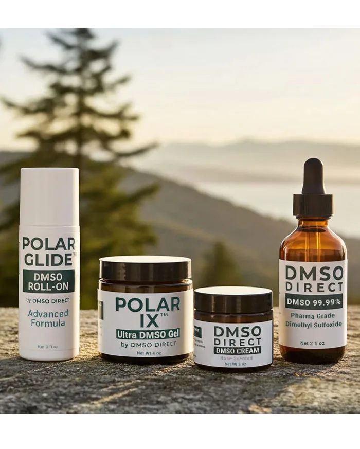 DMSO Direct product line including Polar Glide DMSO Roll-On, Polar IX Ultra DMSO Gel, rose scented DMSO Cream, and 99.99% pure liquid DMSO in amber glass dropper bottle.