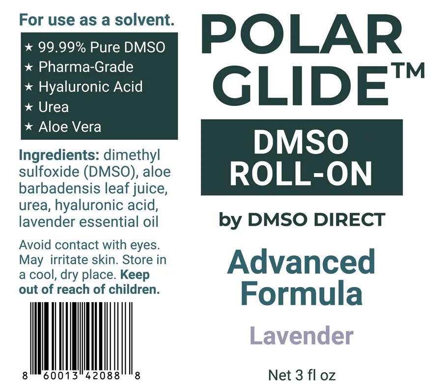 DMSO roll-on ingredients for Polar Glide by DMSO Direct: 99.99% pure pharma grade dimethyl sulfoxide, aloe vera, urea, hyaluronic acid and lavender essential oil