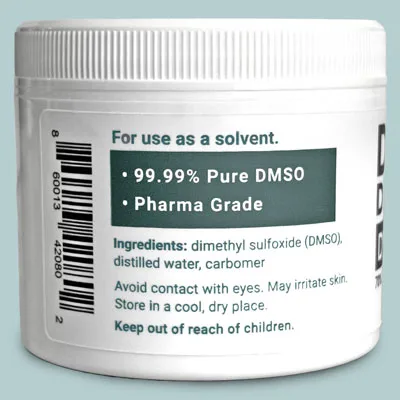 4 oz jar of DMSO Gel 70/30 with 70% 99.99% pure dimethyl sulfoxide (DMSO) with product information label.